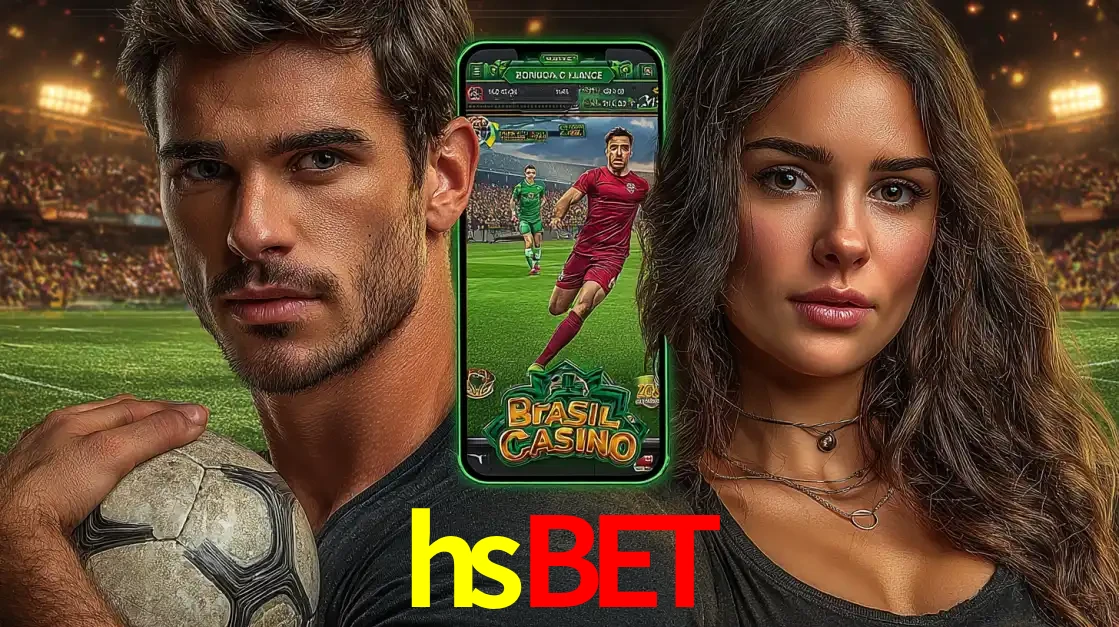 Homem segurando uma bola de futebol e uma mulher ao lado de um smartphone exibindo o jogo de apostas esportivas da hsbet. Faça seu palpite no cassino online.